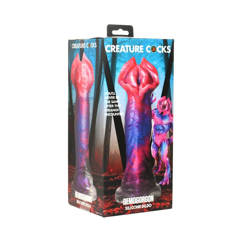 Creature Cocks Demogorgon Silicone Dildo in packaging, fantasy-inspired design with suction base and textured shaft.