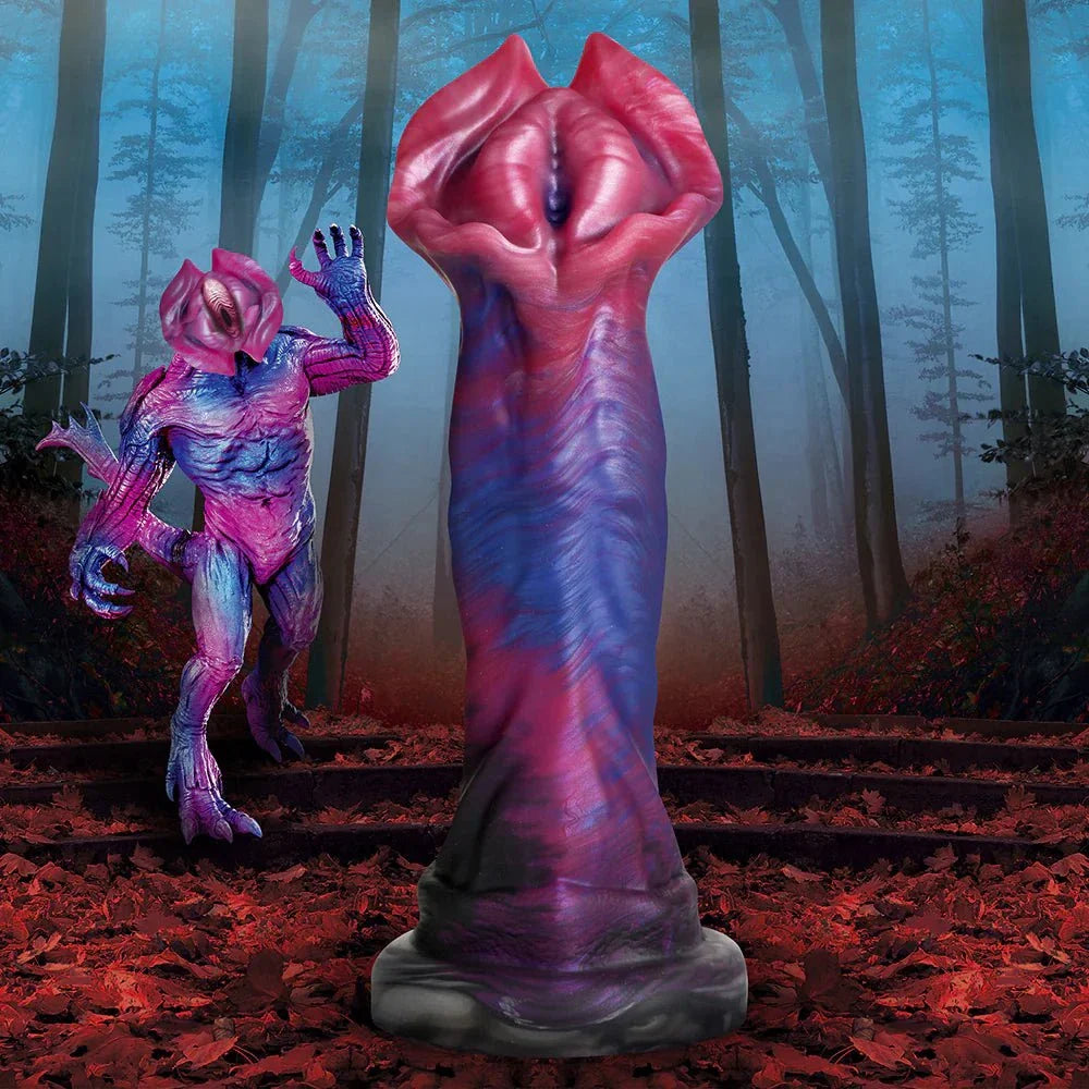 Creature Cocks Demogorgon Silicone Dildo with fantasy-inspired design in a forest setting.