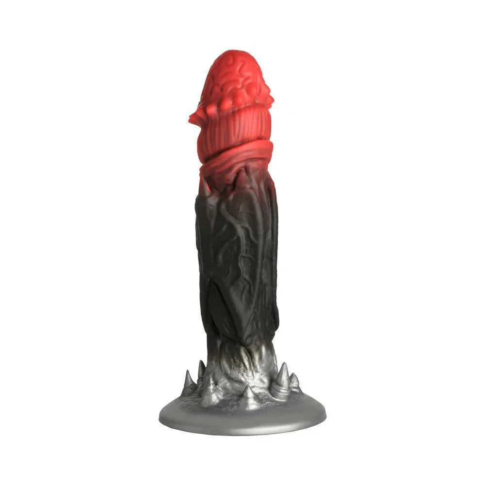 Red and black Dracula-themed silicone dildo with brain-textured head, veiny shaft, spiked bat wings, and suction cup base.
