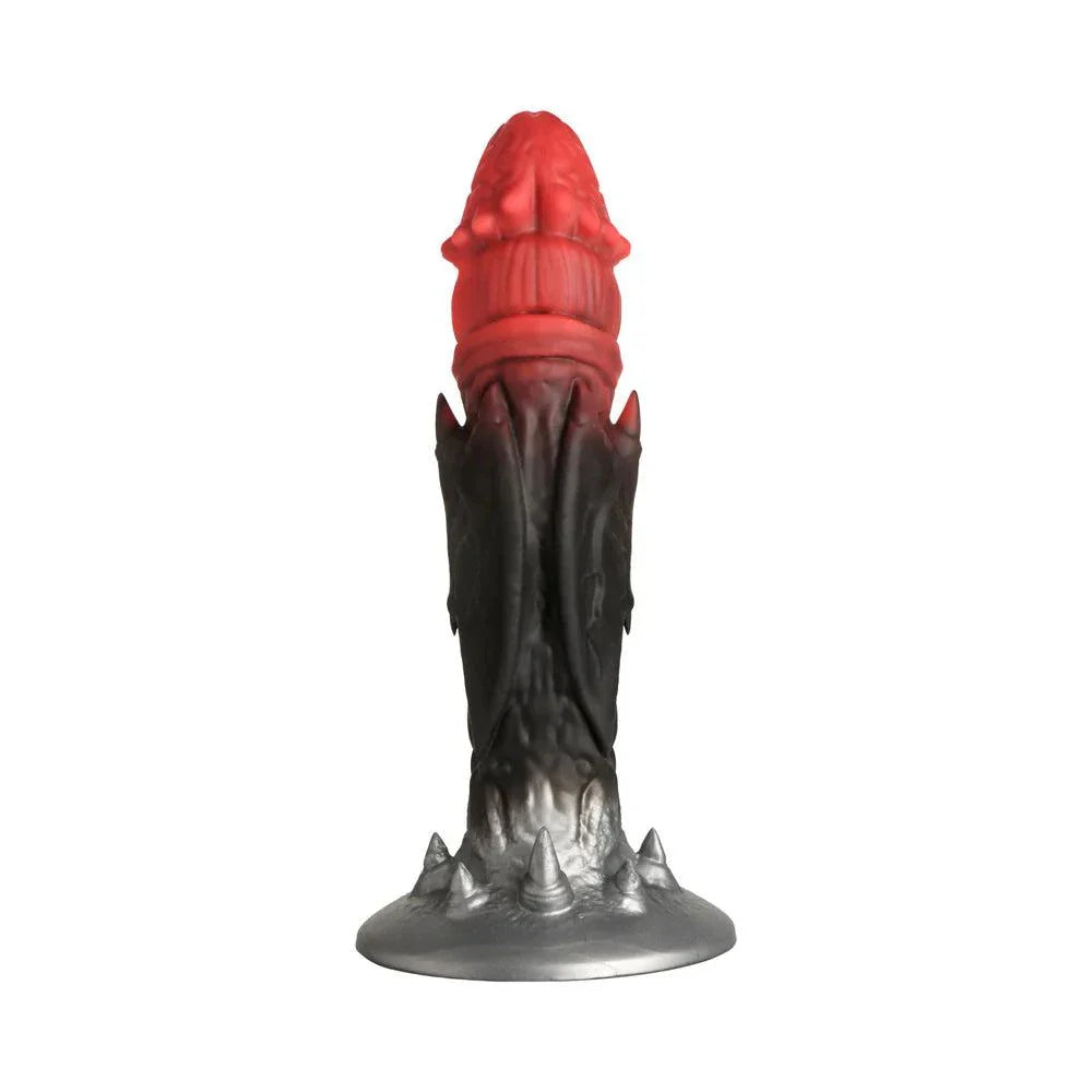 Creature Cocks Count Cockula silicone dildo with Dracula-themed design, grooved head, textured shaft, bat wings, spikes, and suction cup base.
