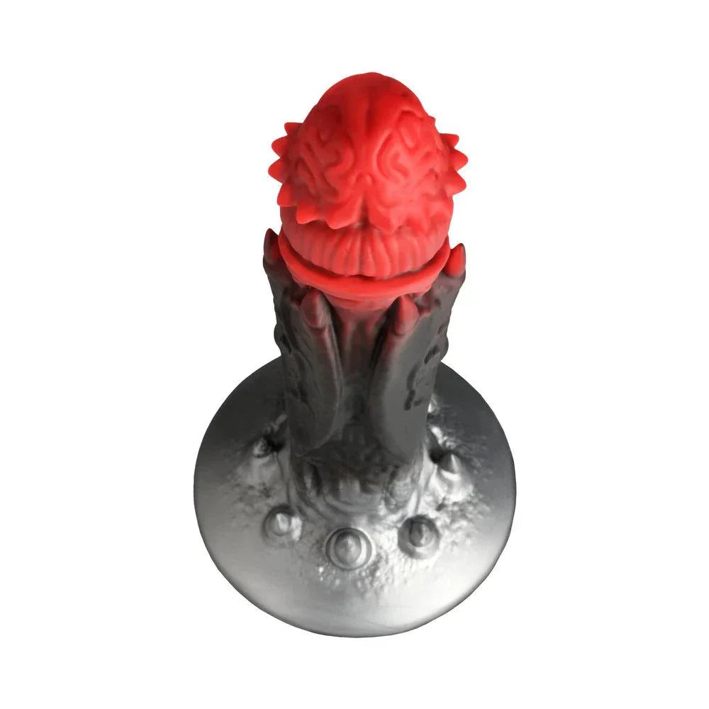 Red and black Creature Cocks Count Cockula silicone dildo with brain-like head, textured shaft, spiked bat wings, and suction cup base.