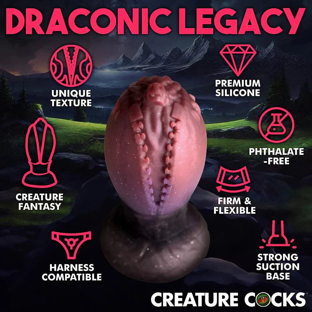 Creature Cocks Dragon Hatch Silicone Egg XL with unique texture and premium silicone features, phthalate-free, harness compatible, strong suction base.