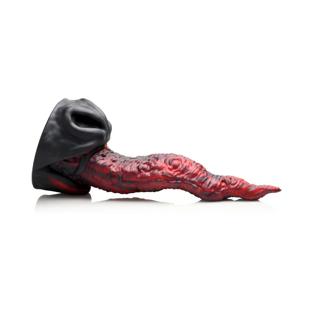 Creature Cocks Dragon Tongue silicone dildo with textured red dragon tongue design and suction-cup base for hands-free use.