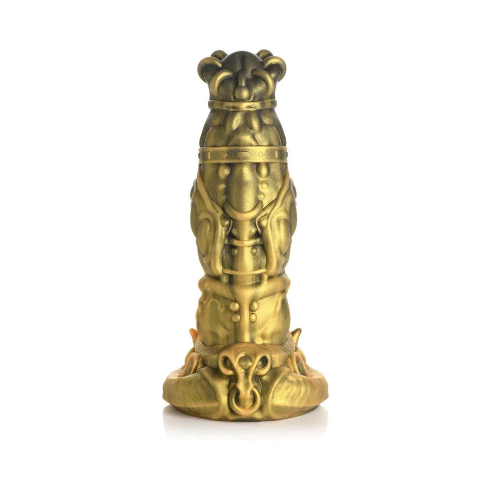 Creature Cocks King Minotaur silicone dildo in gold with intricate mythical design and suction cup base