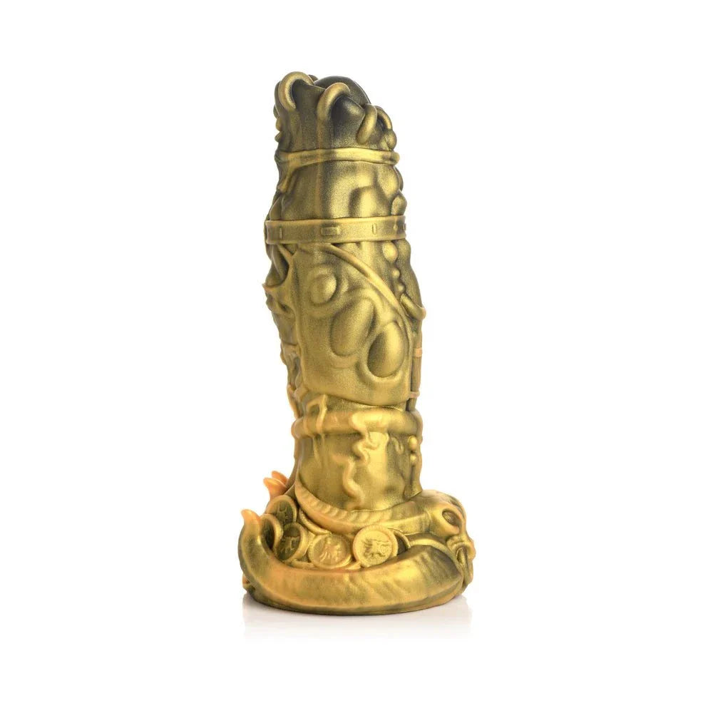 Gold-toned Creature Cocks King Minotaur silicone dildo with intricate rings, piercings, coins, and suction cup base.