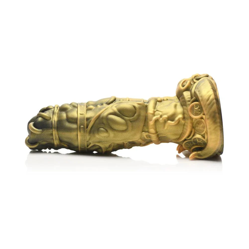 Gold-toned Creature Cocks King Minotaur silicone dildo with intricate rings, piercings, and suction cup base.