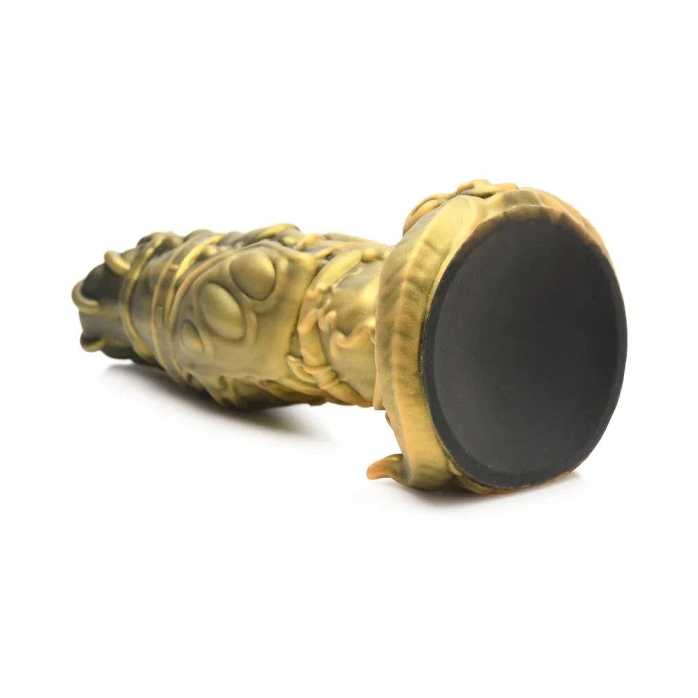 Creature Cocks King Minotaur silicone dildo with gold tones, intricate rings, piercings, and suction cup base.