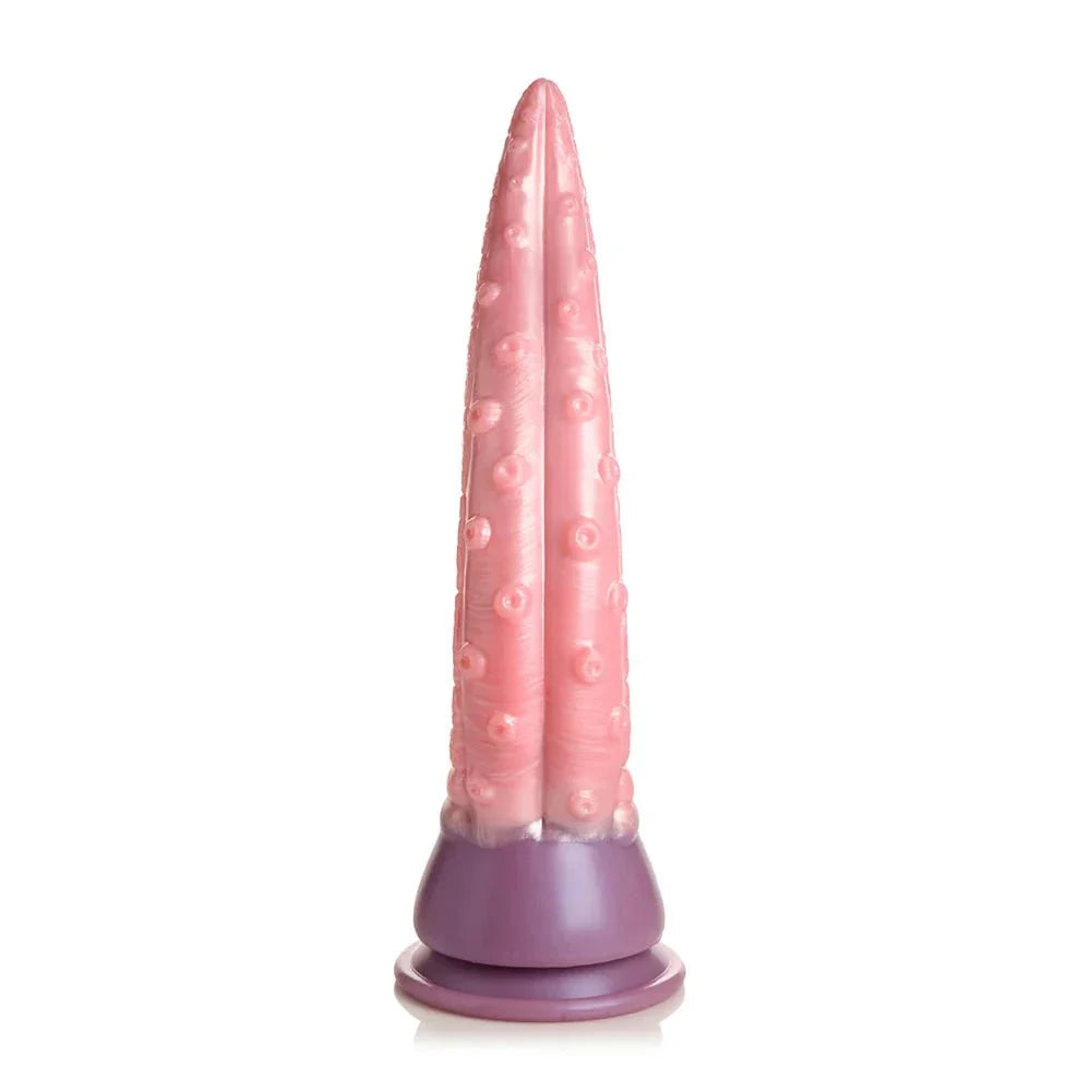 Pink tentacle-shaped silicone dildo with textured suction cup base, Creature Cocks Octoprobe design