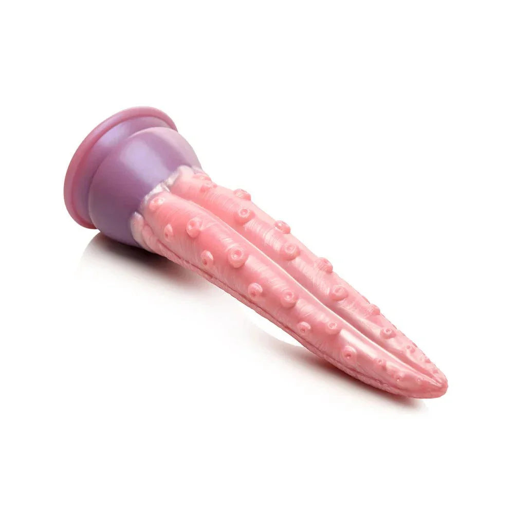 Pink silicone tentacle dildo with suction cup base, textured with octopus suckers, Creature Cocks Octoprobe design.