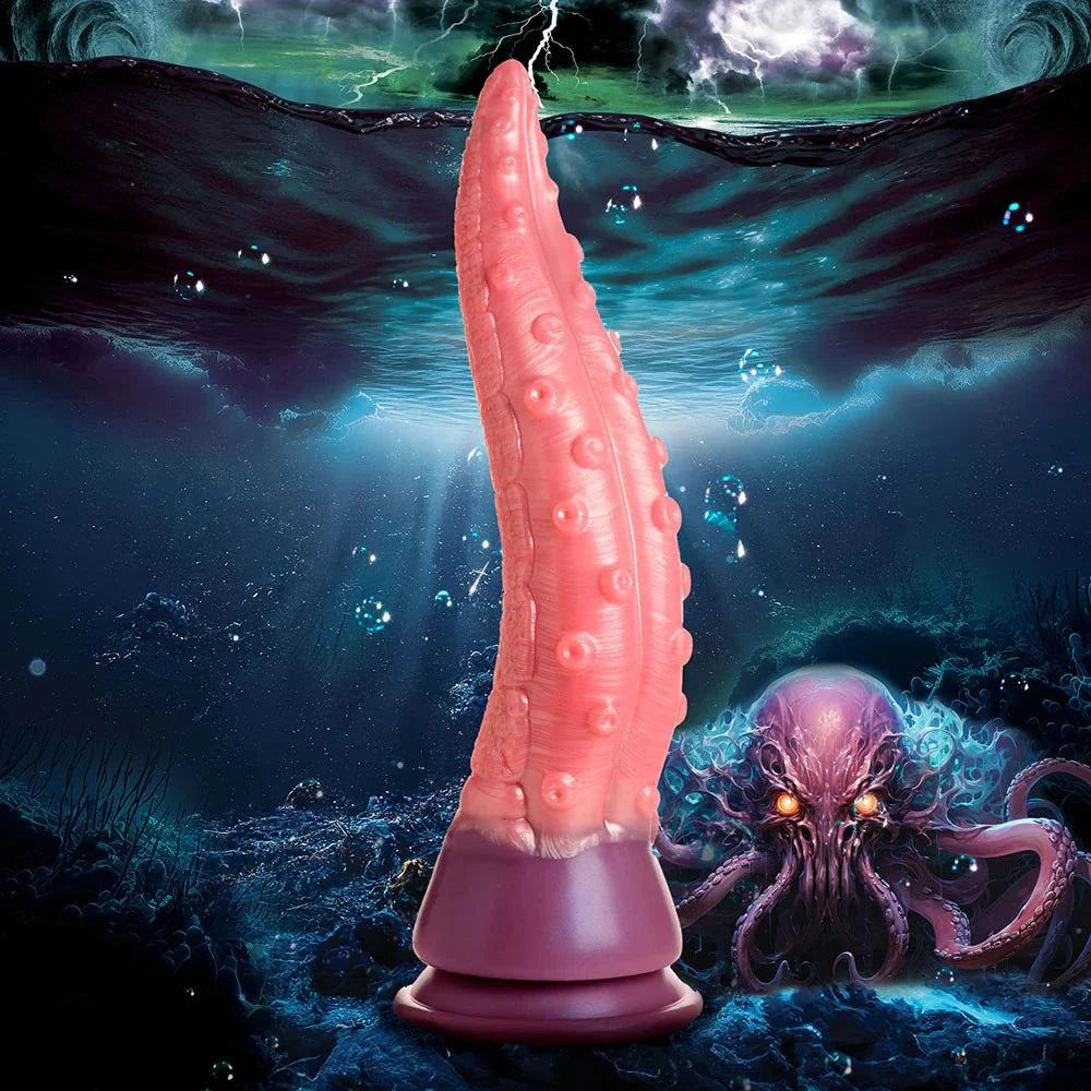 Creature Cocks Deep Invader Tentacle Ovipositor Silicone Dildo with Eggs, featuring textured shaft and suction cup base in vibrant colors.