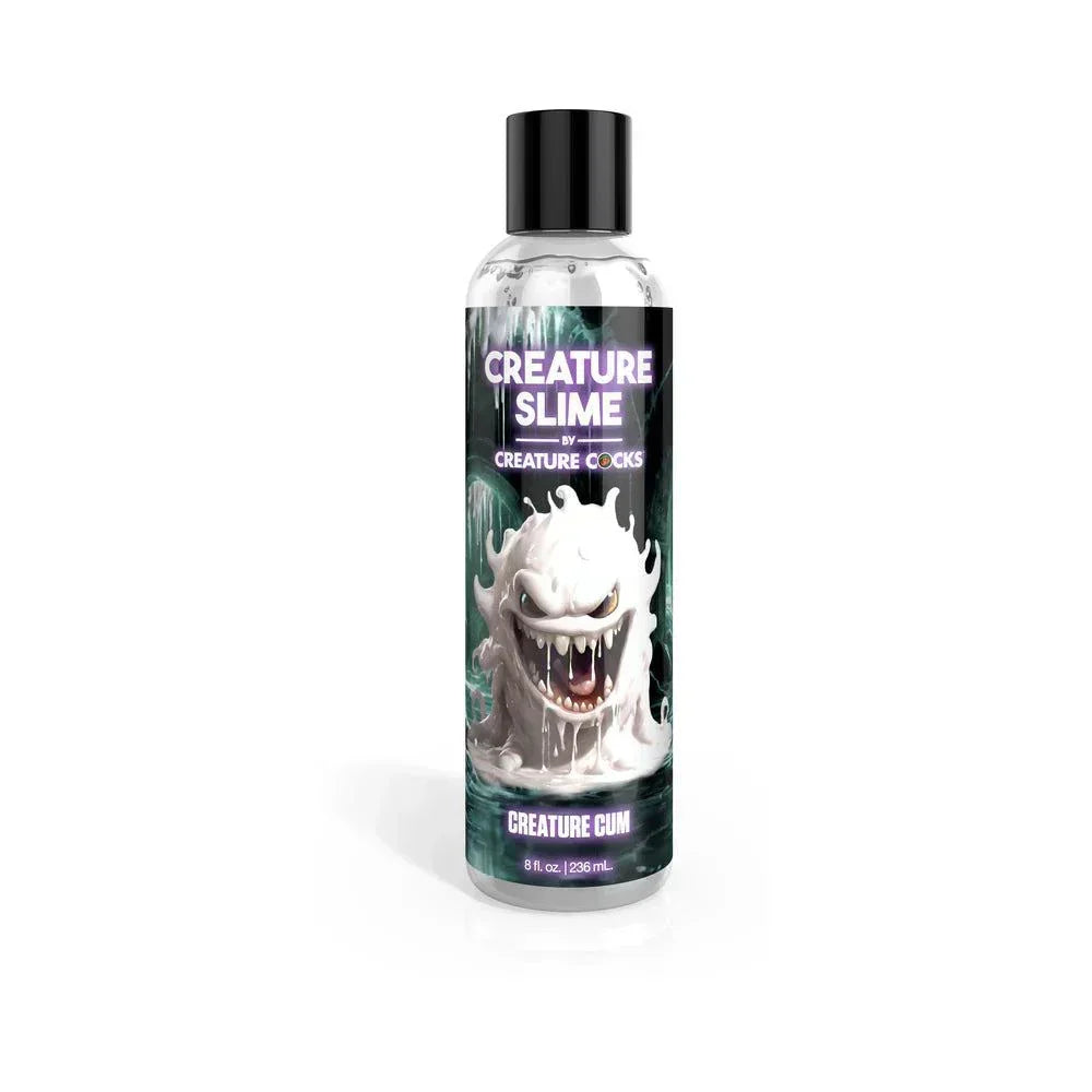 Clear 8 oz bottle of Creature Slime Creature Cum unscented water-based lubricant with monster-themed label