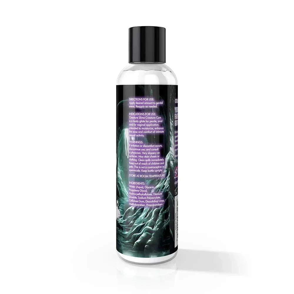 Creature Slime Creature Cum Unscented Jizz Lubricant bottle with detailed packaging, available in 8 oz. and 16 oz. sizes.