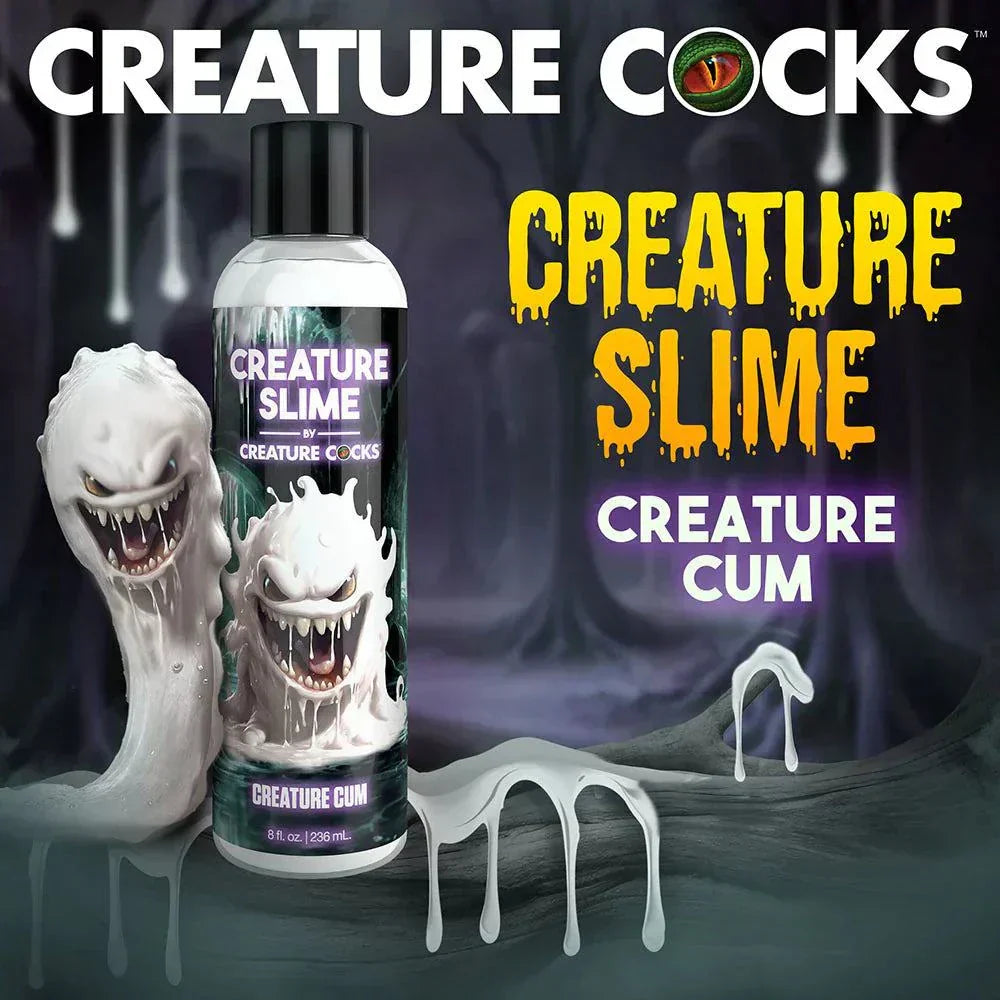 Creature Slime Creature Cum unscented water-based lubricant bottle with gooey slime creatures and dripping slime effects