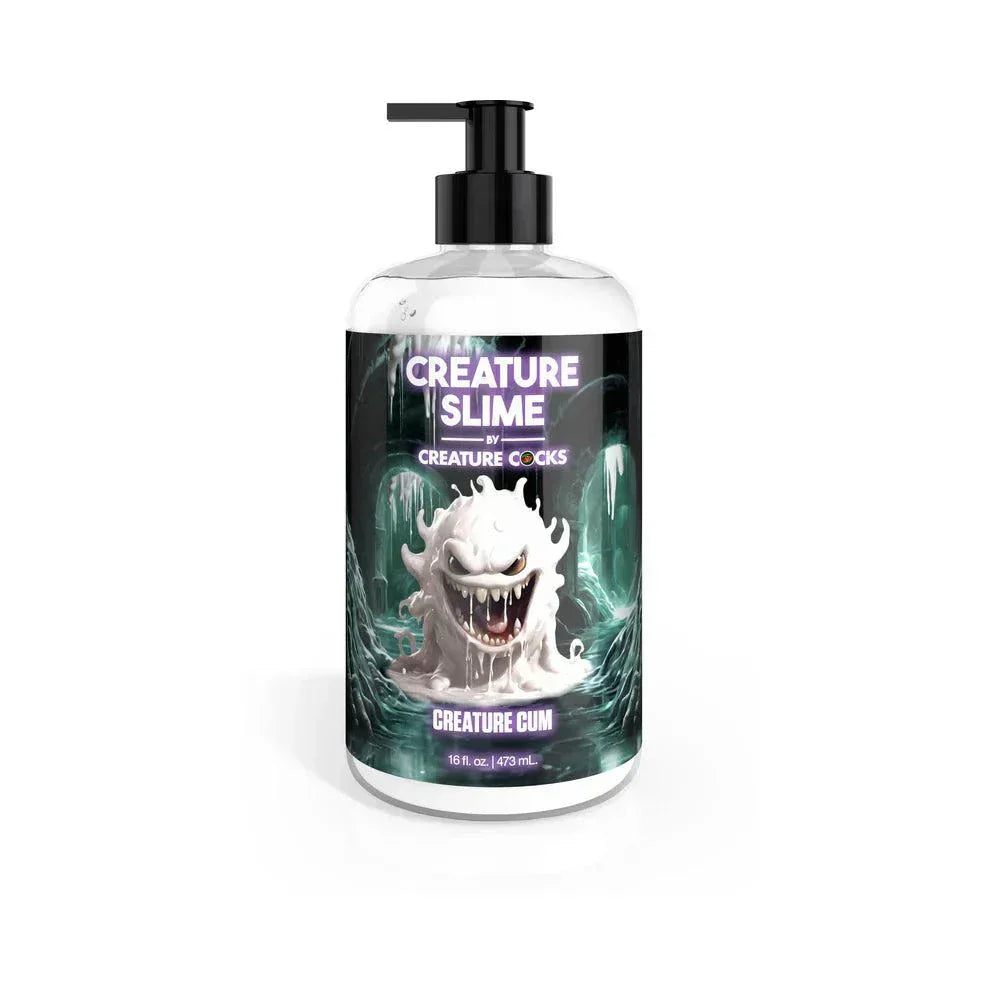 Clear 16 oz bottle of Creature Slime Creature Cum unscented water-based lubricant with black pump and monster graphic label