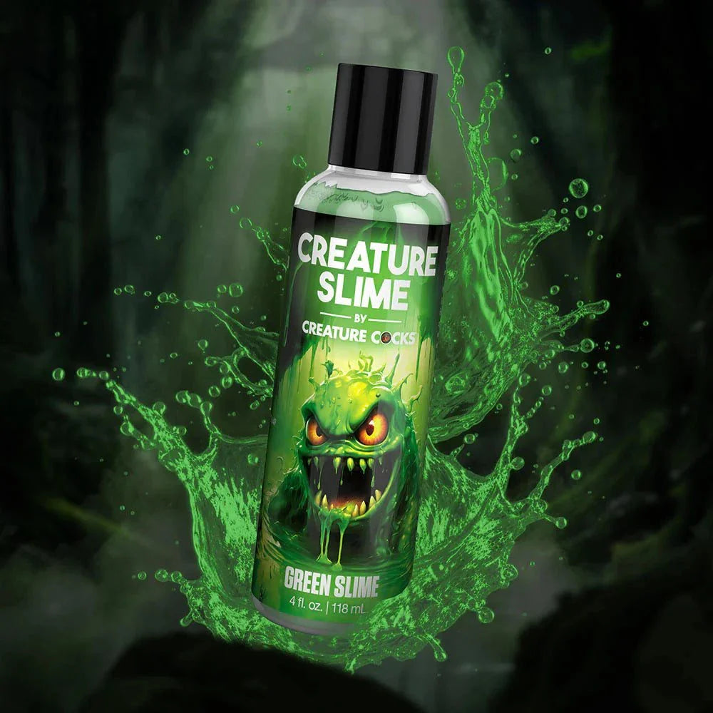 Creature Slime Green Water-Based Lubricant 4 oz in a forest-themed background.