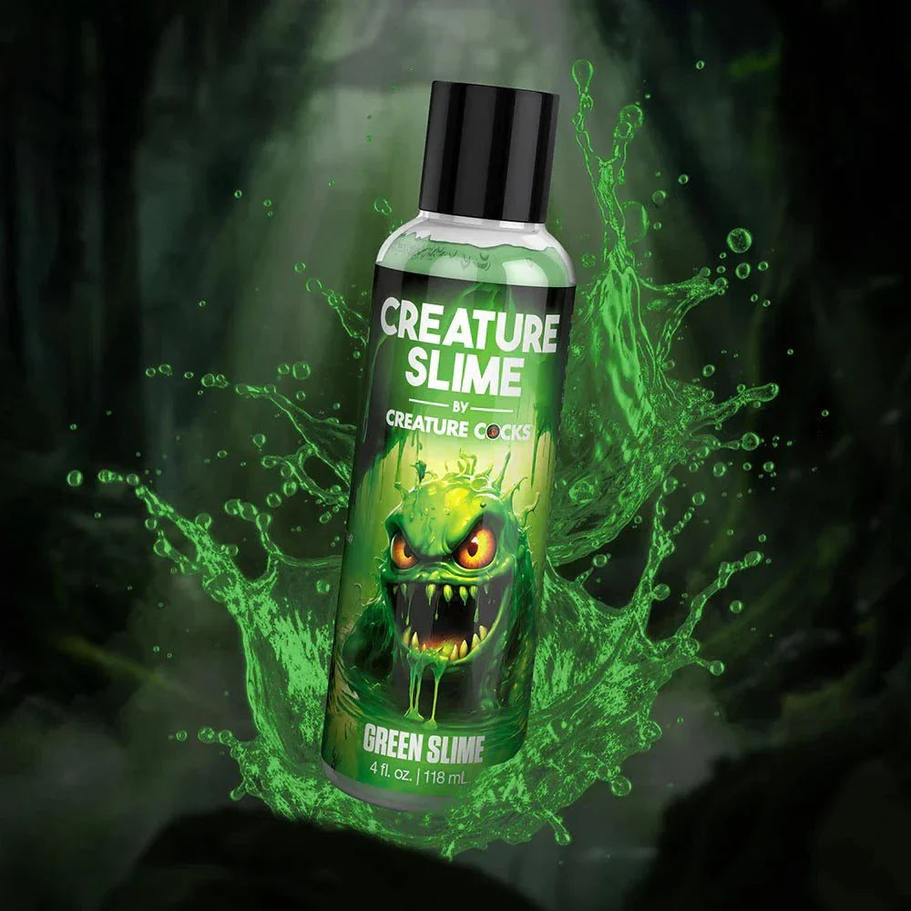 Creature Slime Green Water-Based Lubricant 4 oz in a forest-themed background.