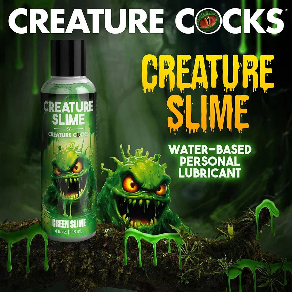 Creature Slime Green Water-Based Lubricant 4 oz bottle with spooky slime theme.