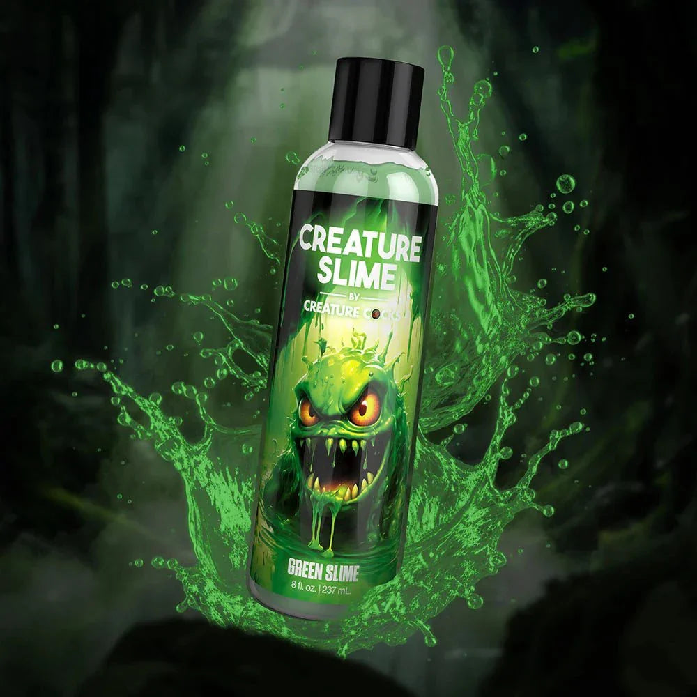 Creature Slime Green Water-Based Lubricant 8 oz bottle with vibrant green slime and fantasy-themed label.
