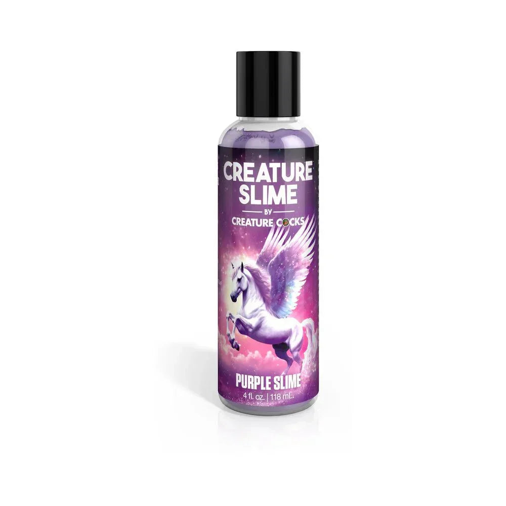 Purple water-based lubricant bottle with mythical creature design, labeled "Creature Slime" by Creature Cocks, 4 fl oz capacity.