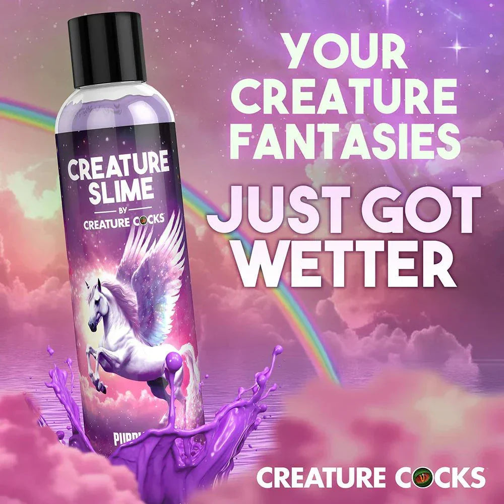 Creature Slime Purple Water-Based Lubricant with magical imagery and unicorn, enhancing fantasies.