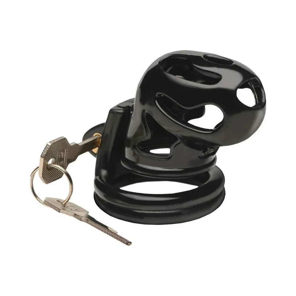Master Series Double Ring Chastity Cage with keys, crafted from black plastic for comfort and security.
