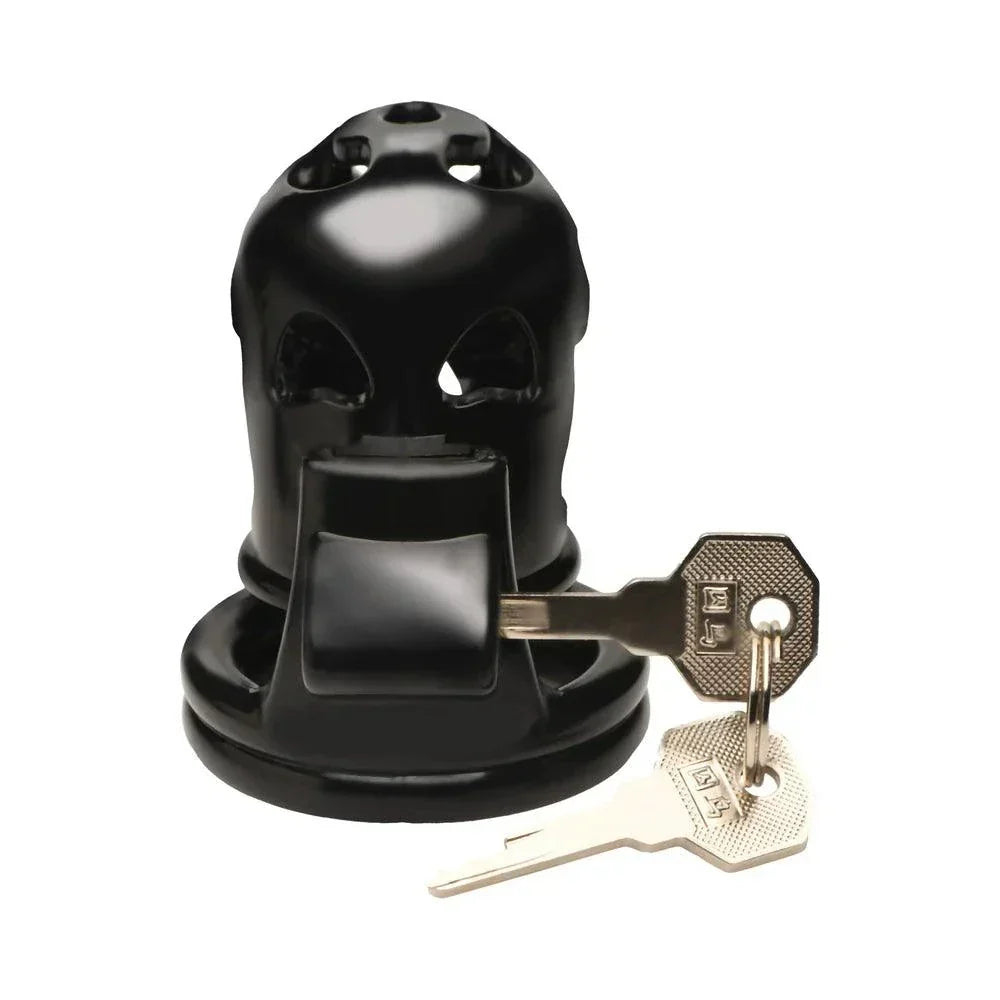 Black Master Series Double Ring Chastity Cage with keys for beginners, featuring adjustable sizes and ventilation.