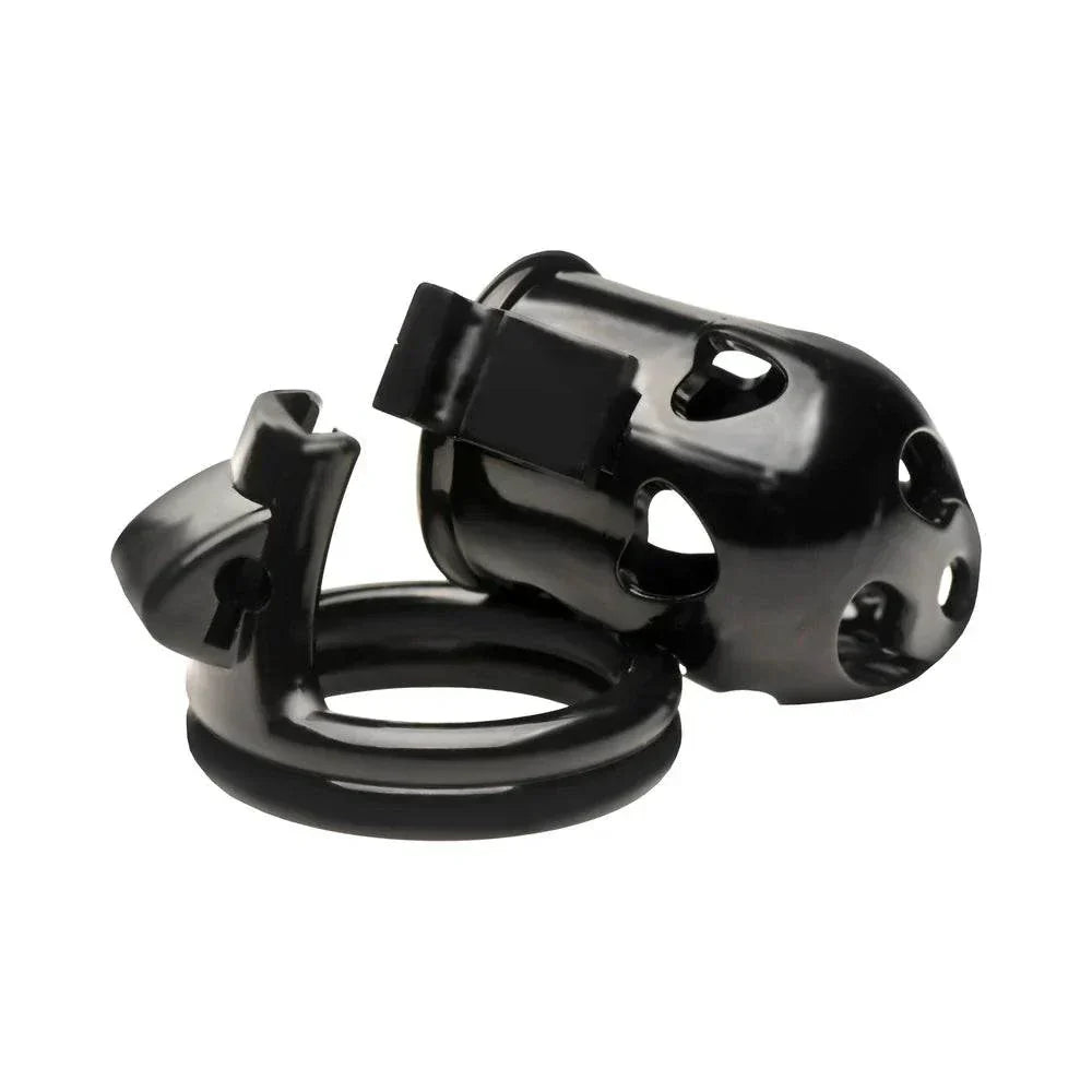 Master Series Double Ring Chastity Cage in black plastic with double ring design for comfort and security.