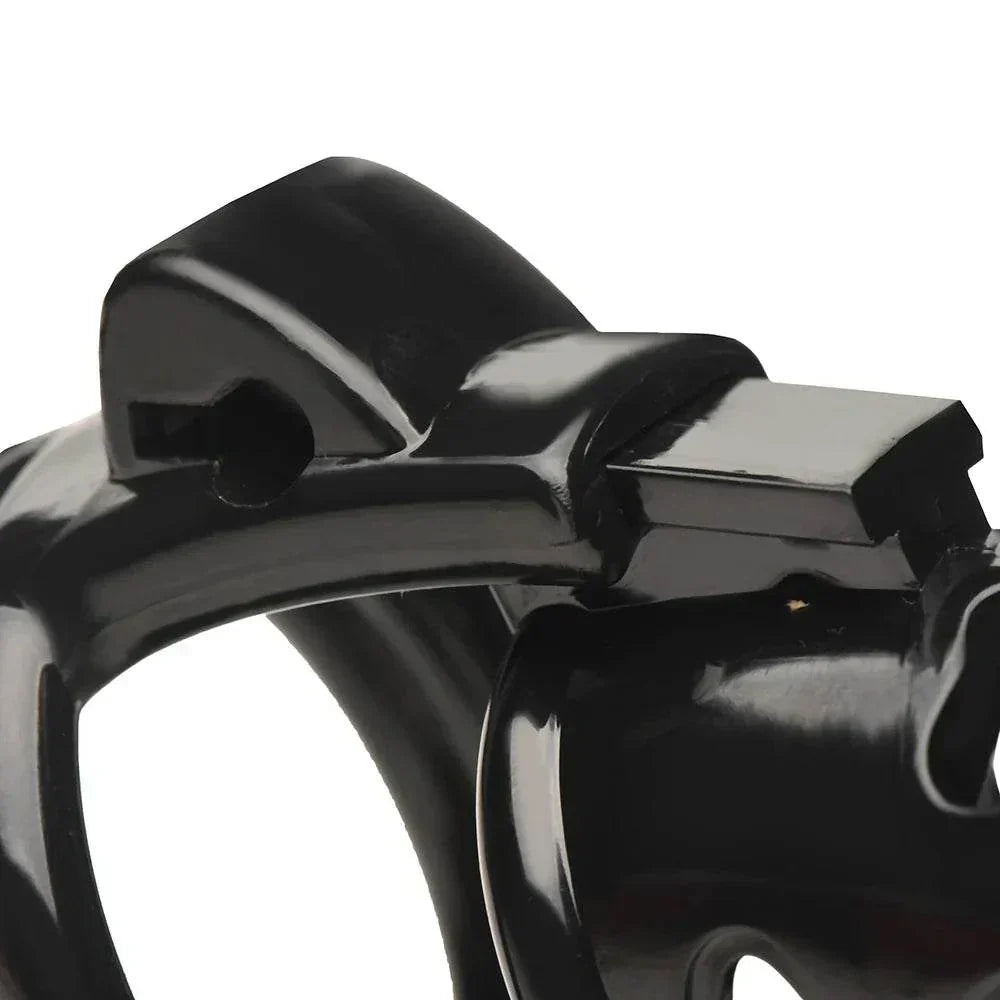 Master Series Double Ring Chastity Cage, black plastic, designed for comfort and security in restraint play.