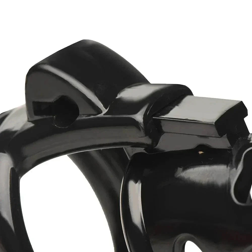 Master Series Double Ring Chastity Cage, black plastic, designed for comfort and security in restraint play.