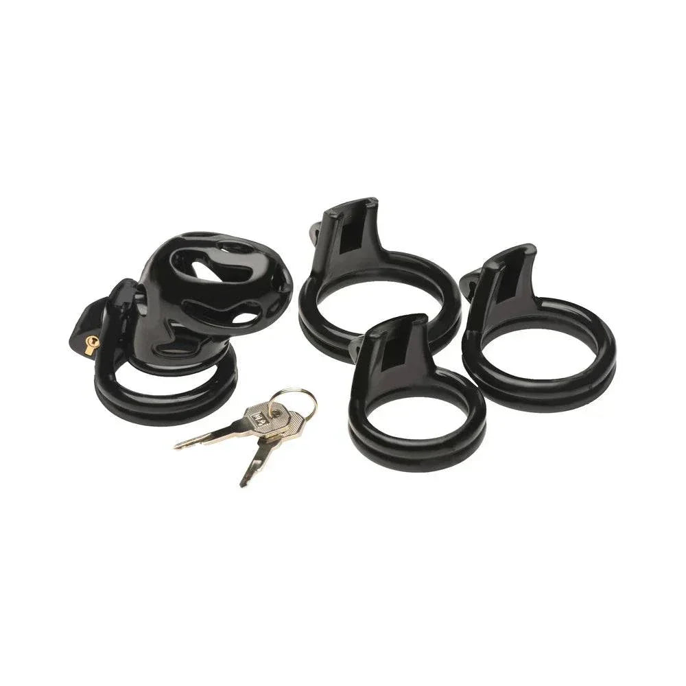 Master Series Double Ring Chastity Cage with black plastic design, locking mechanism, and adjustable rings.