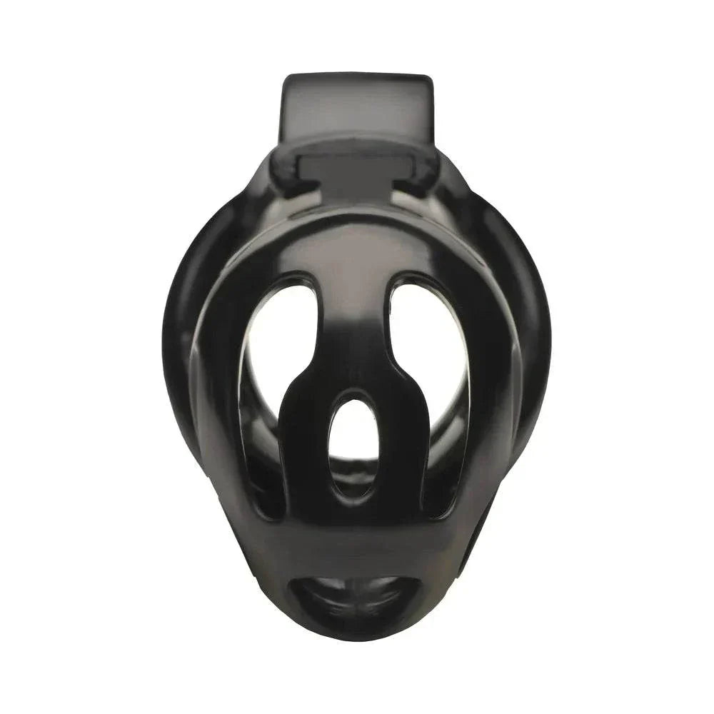 Black plastic Master Series Double Ring Chastity Cage with dual rings for comfort and security.