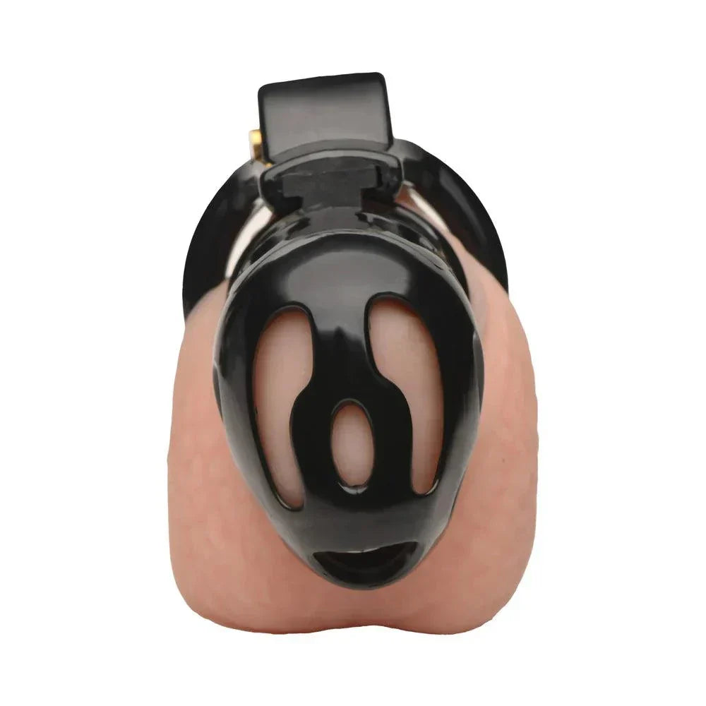 Master Series Double Ring Chastity Cage in black plastic, designed for beginners with adjustable rings and ventilation features.