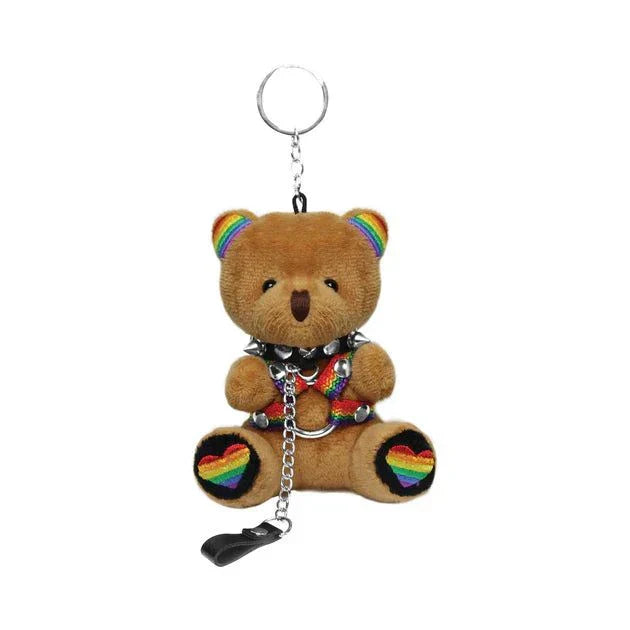 Master Series Pride Bear keychain with rainbow ears, feet, removable rainbow harness, and black spiked collar and leash