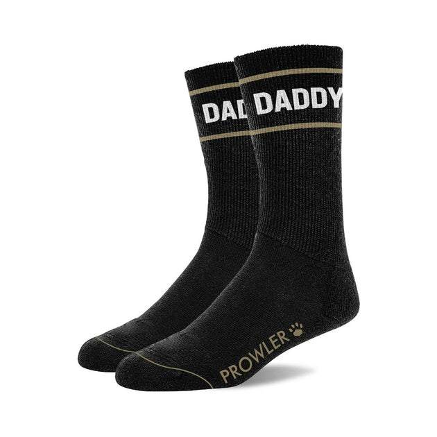 Prowler RED Collection men's black novelty socks with "DADDY" text and logo on foot and cuff, comfortable cotton blend