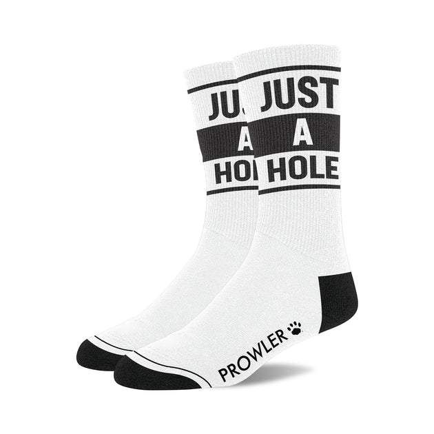 Prowler RED Collection men's white novelty socks with black text and contrasting black toes and heels