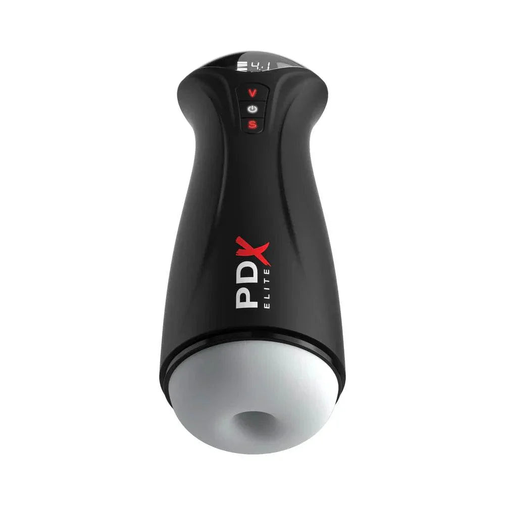 PDX Elite Fap-Gasm Frosted male stroker with suction and vibration in black and frosted finish.