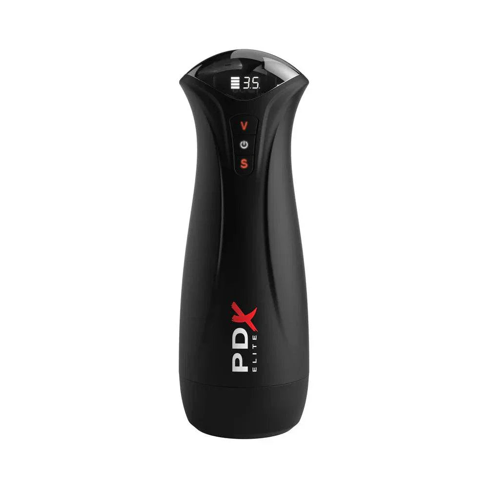 PDX Elite Fap-Gasm Frosted stroker with LED display for customizable suction and vibration.