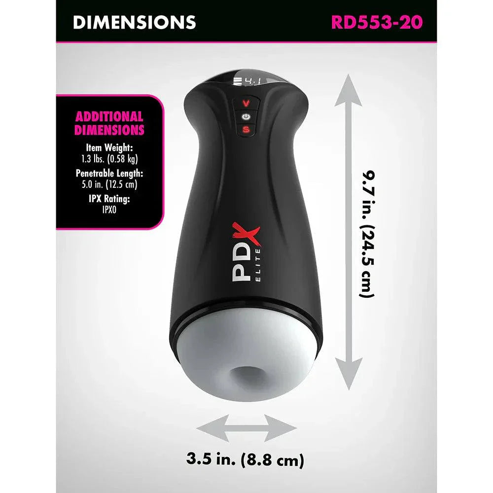 PDX Elite Fap-Gasm Frosted with powerful suction and vibration features, 9.7-inch length, 5-inch penetrable length, and USB magnetic recharging.