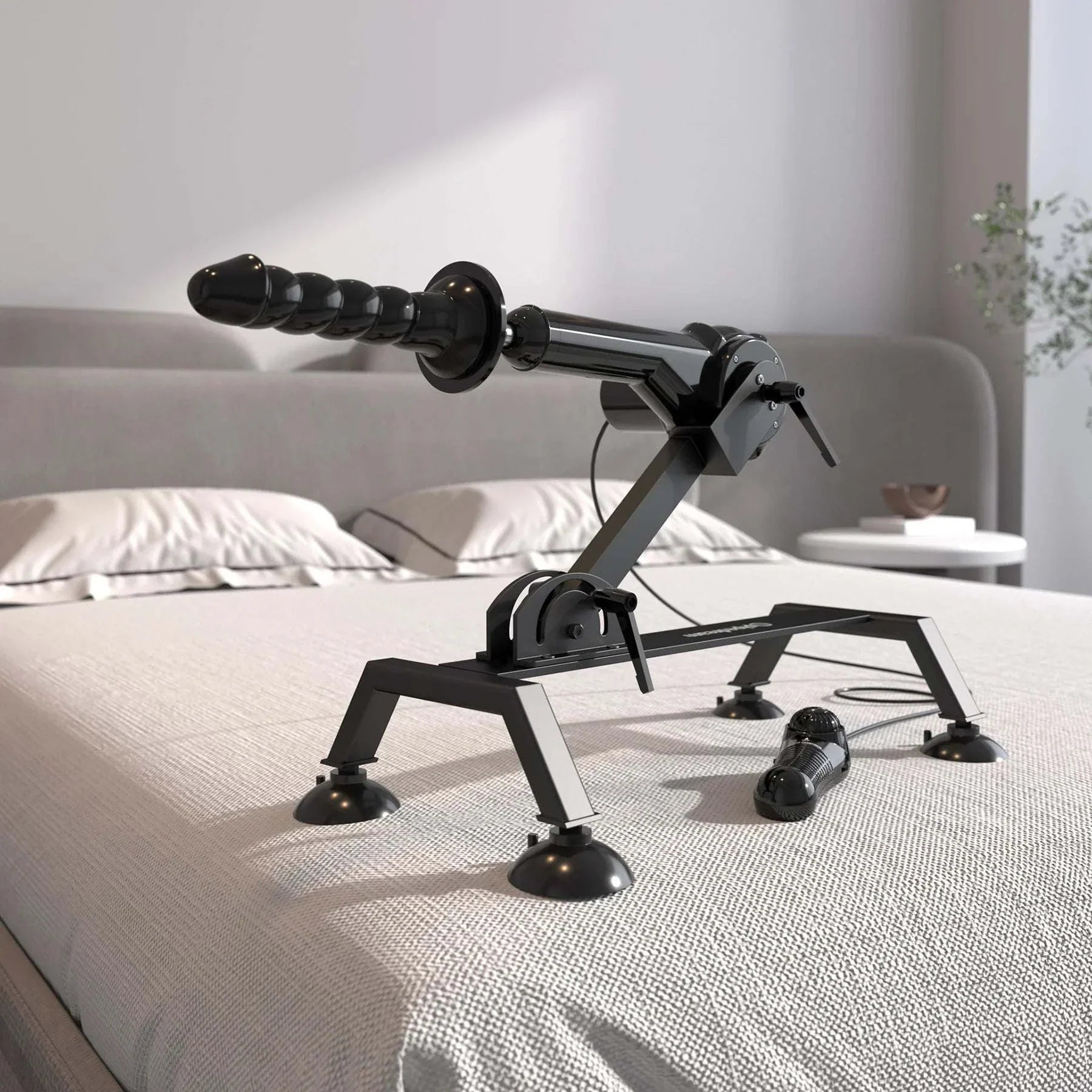Fetish Fantasy Series Body Dock sex machine with durable steel frame and multi-speed control on bed