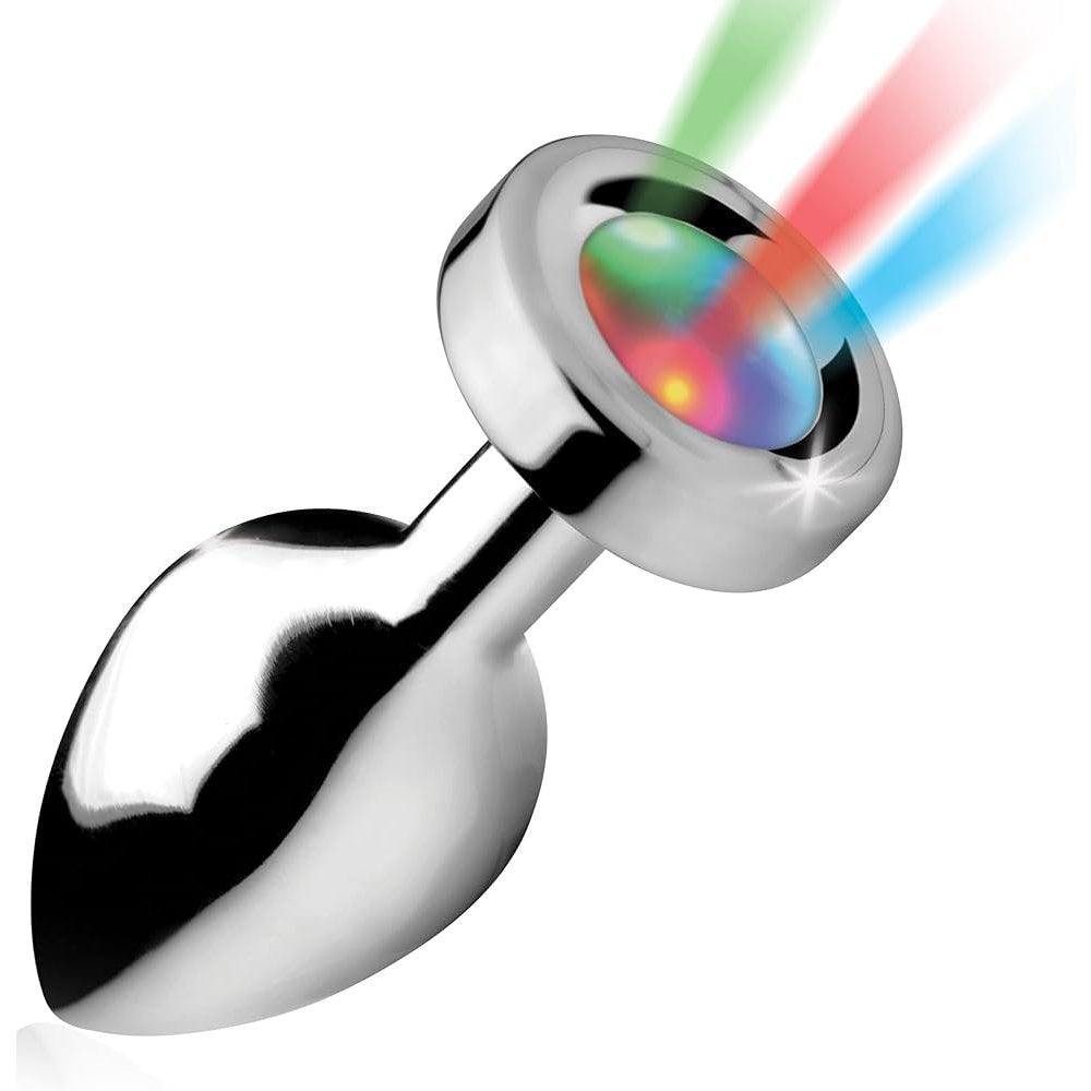 Booty Sparks Light Up Anal Plug S with sleek metal design and colorful LED lights projecting red, green, and blue beams