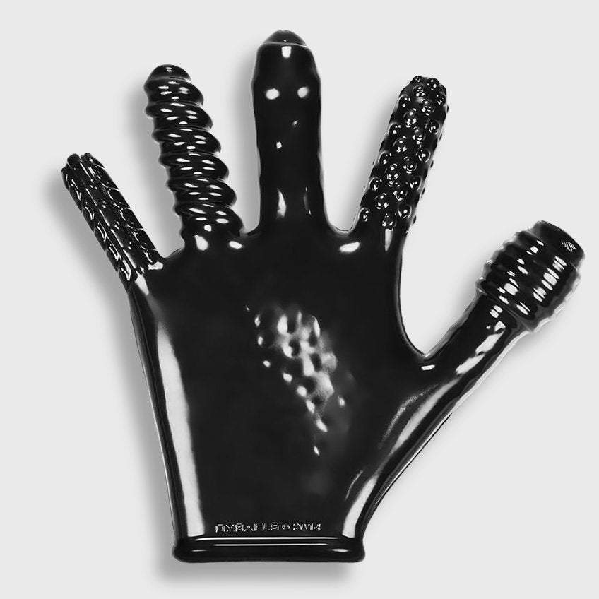 OxBalls Finger Fuck Glove in sleek black with textured finger attachments.