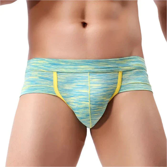 Men's bright blue and yellow medium rise underwear made of comfy nylon with stretch