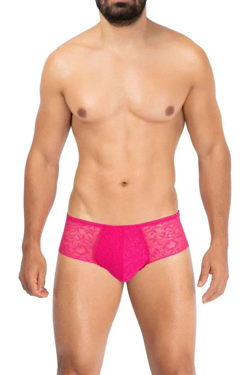 Men's pink Prowler Lace Briefs with floral lace pattern and elastic waistband.