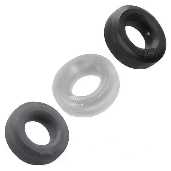Hunkyjunk HUJ3 C-Ring 3-Pack in black, clear, and gray showing versatile and durable plus+silicone™ design.