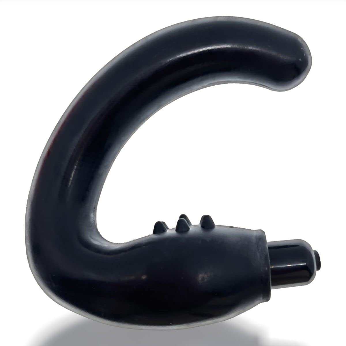 Hunkyjunk Hummer Vibe Prostate Pegger Tar, black curved silicone toy for prostate stimulation with ribbed texture and vibrating bullet.