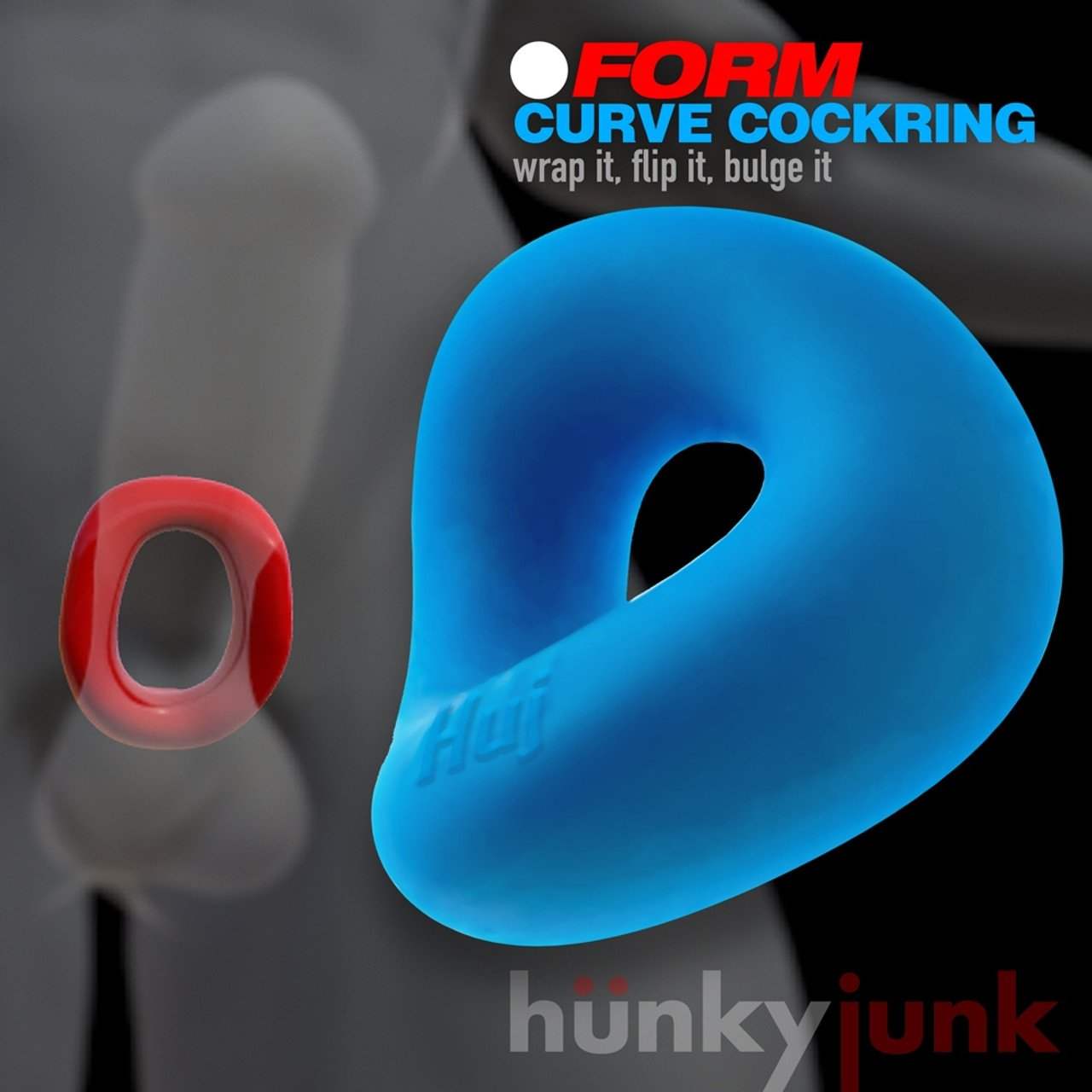 Hunkyjunk Form Surround Cockring Teal Ice in blue, curved design for versatile use.