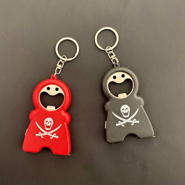 TIM 4-in-1 Keychain with bottle opener, flashlight, tape measure, and keyring in red and black pirate designs
