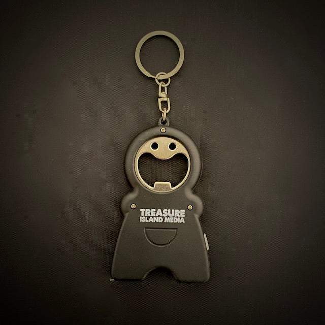 Compact TIM 4-in-1 Keychain with bottle opener, flashlight, tape measure, and keyring in black design