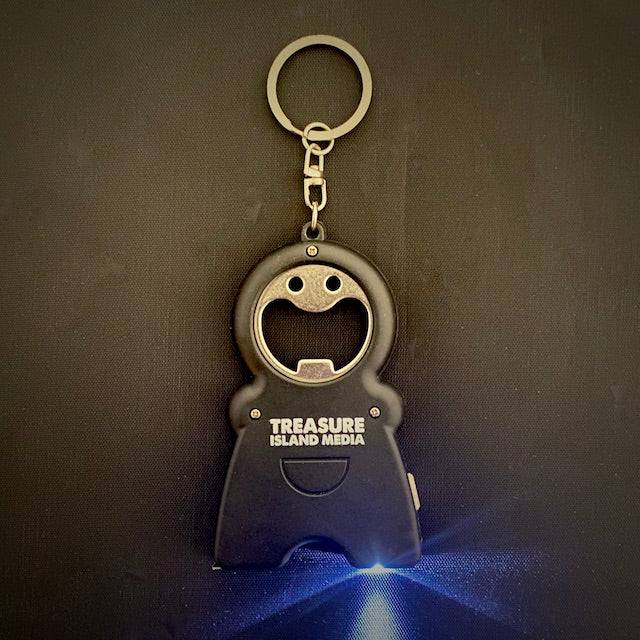 TIM 4-in-1 Keychain with bottle opener, flashlight, tape measure, and keyring in compact design