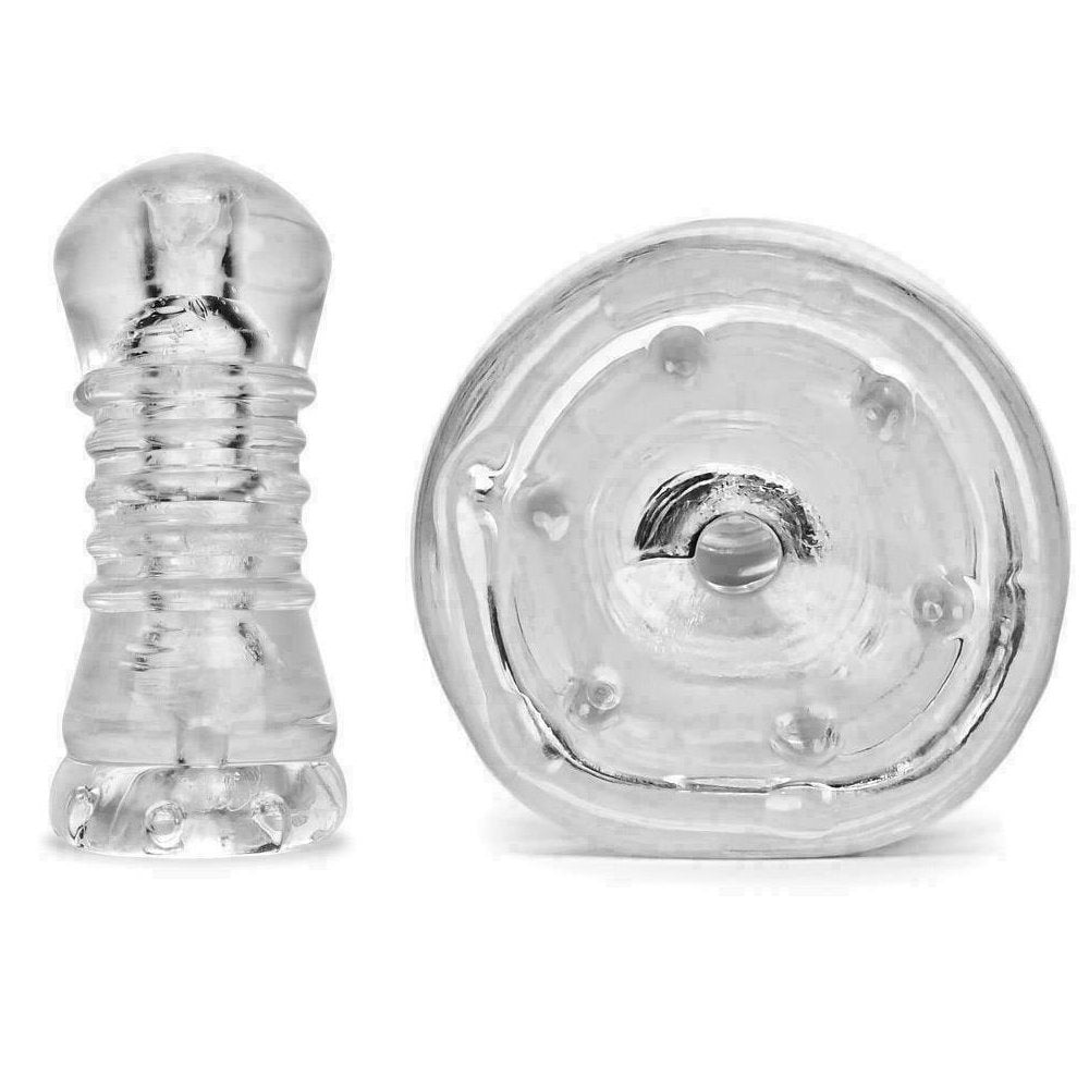 Clear OxBalls Jerk Masturbator with ribbed texture and adjustable tightness for enhanced solo pleasure.